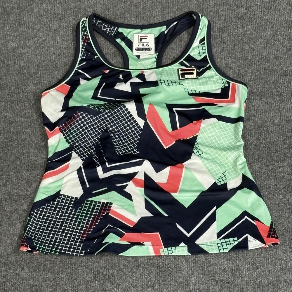 Fila Tank Top Womens Small Green Navy Geometric Racerback Athletic Workout Shirt